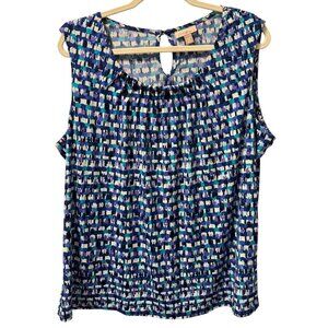 Roz & Ali Womens Sleeveless Blue Multi-Print Blouse Sz 2X